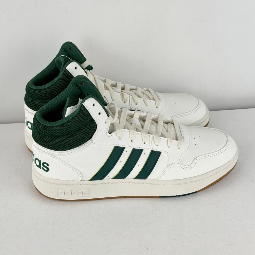 Size 10.5 - Men's Adidas Hoops 3.0 Mid Athletic Sneaker - White/Green - Picture 2 of 9